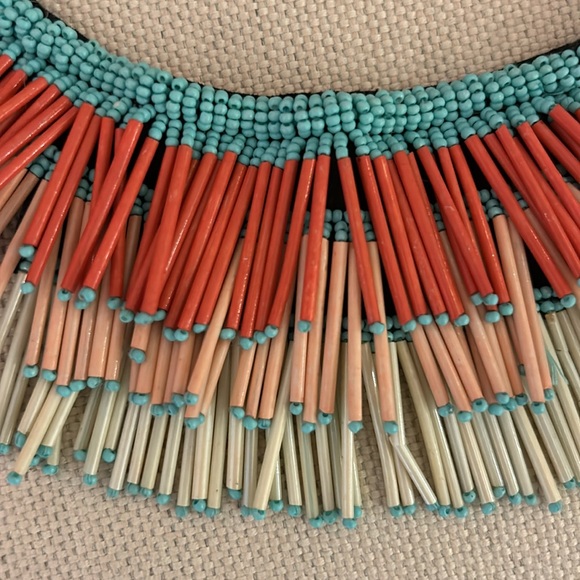 Beaded and Wooden Fringe Tribal Boho Bib Necklace w/ adjustable clasp -Up to 22" - Picture 2 of 4